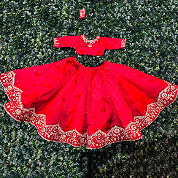 Red Color Embroidery Dress For Radha Krishna                                 